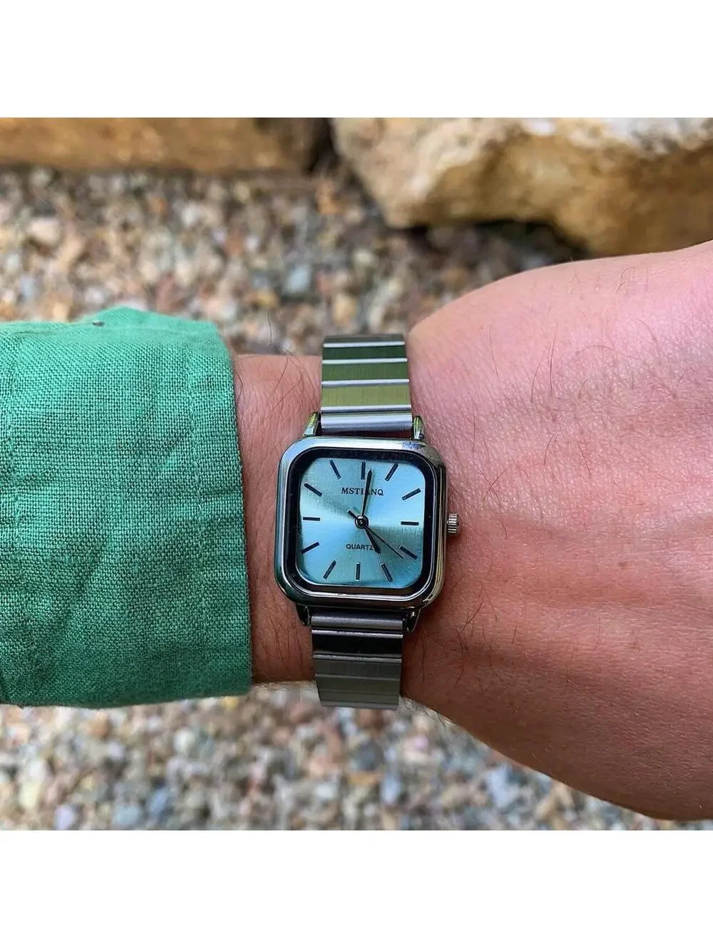 Blue face stainless silver square watch. Classy sporty style watch. Stainless